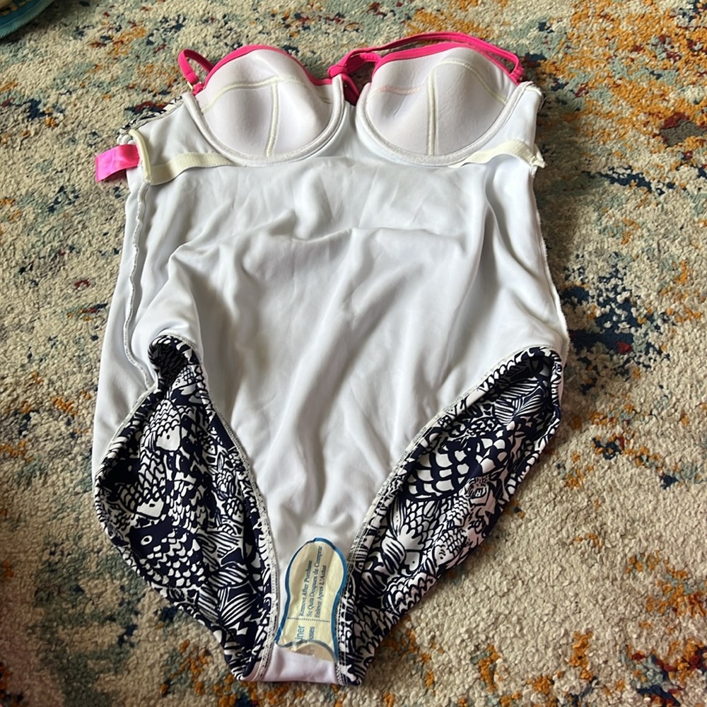 Lilly Pulitzer Target Swimsuit Upstream Blue Pink Trim Halter One Piece Large - Picture 6 of 6